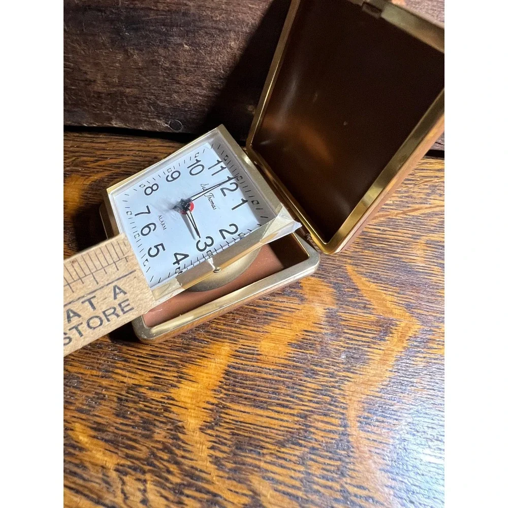 Vintage Seth Thomas Travel Alarm Clock Folding Clamshell Gold Brown Brazil Made